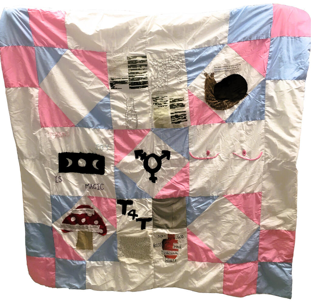 A square quilt that uses the colours white, pink and blue. It is hard to make out all the details of the quilt in this image, but a snail, mushroom, the trans symbol, top surgery scars and the phrase trans joy is magic are visible.