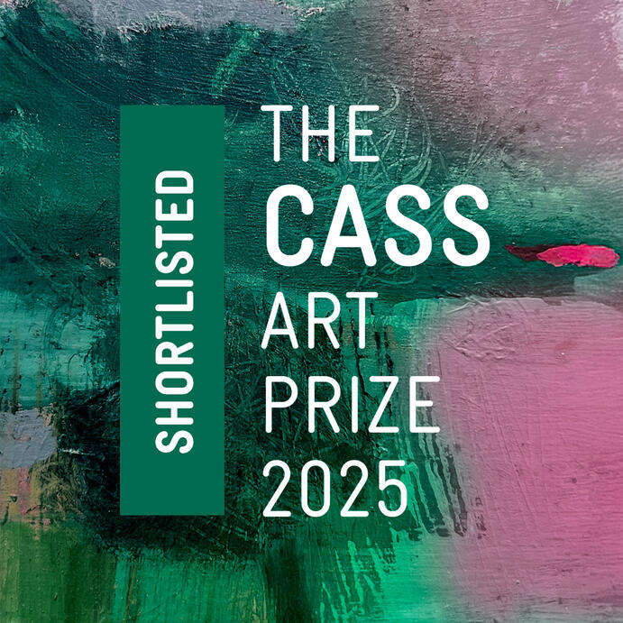 The Cass Art Prize Text reads The Cass Art Prize 2025 Shortlisted, on an abstract green and pink background.