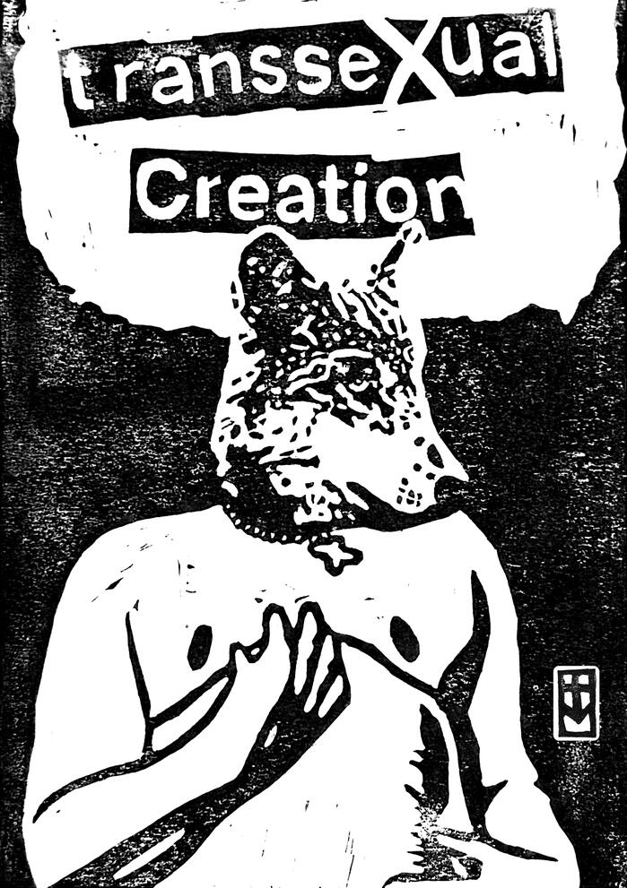 A lino print featuring a wolf headed person with top surgery scars wearing a chain. Above him there is the phrase transsexual creation.